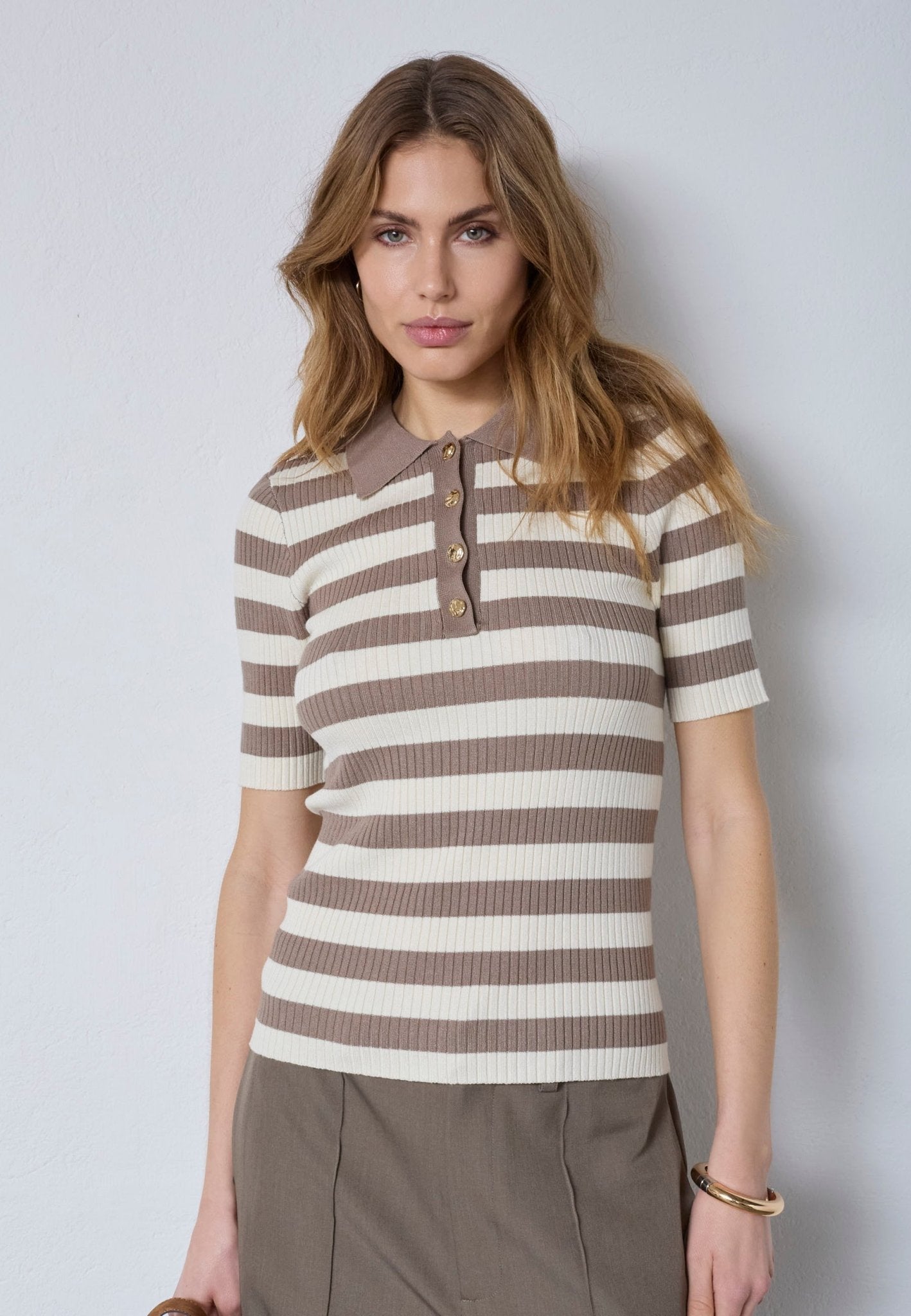 BonnyCC Stripe S/S Polo Knit - Walnut - Co'couture